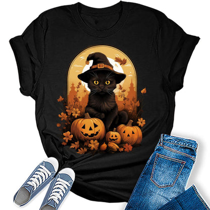 Halloween Cat Shirt for Women Fall Novelty Tshirt Graphic Casual Vintage Athletic Girls Tops