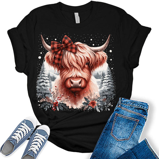 Highland Cow Shirt Buffalo Plaid Tshirt Womens Winter Christmas Graphic Tees