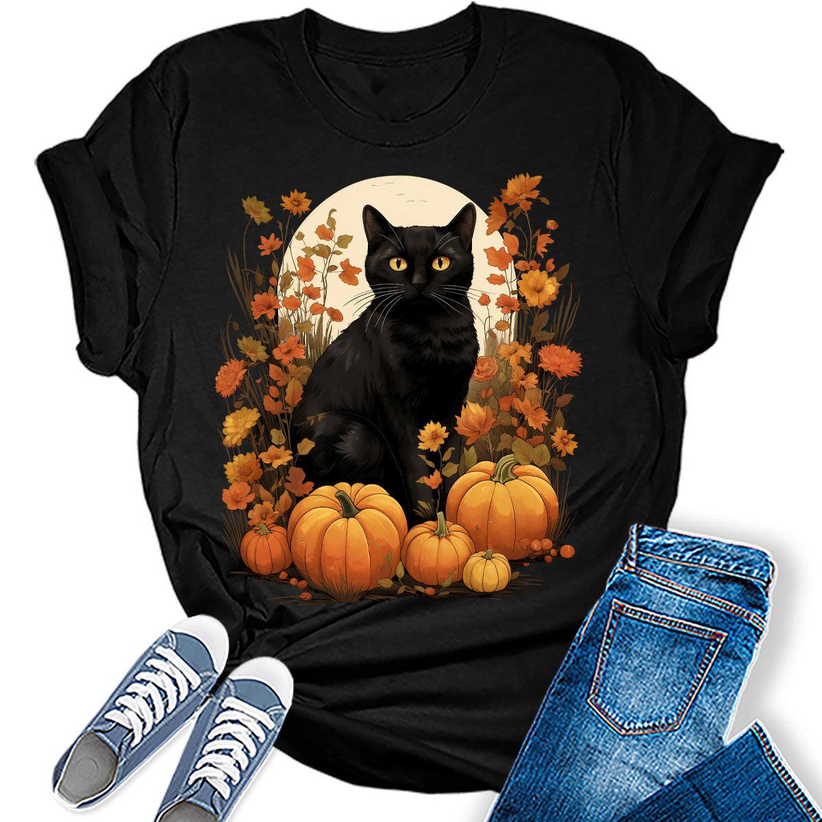 Pumpkin Cat Halloween Shirts for Women Fall Novelty Tshirt Graphic Casual Vintage Athletic Girls Tops