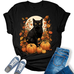 Womens Fall Black Cat Halloween Pumpkins T-Shirt