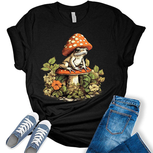 Womens Mushroom Shirts Casual Ladies Frog Graphic Tees Short Sleeve Cottagecore T Plus Size Summer Tops for Women