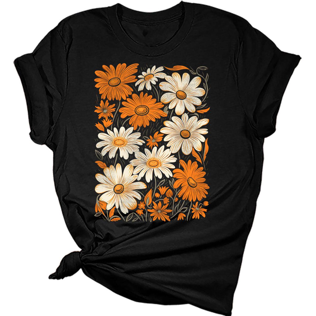 Womens Fall Boho Vintage Distressed Flowers Tshirt