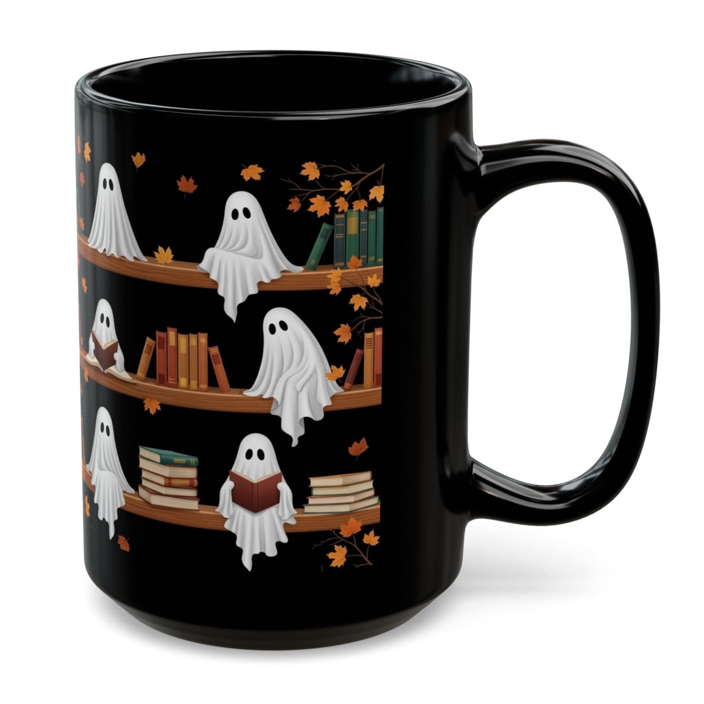 Cute Ghost Read Book Mug - Black Coffee Cup Ceramic Mug 15 Oz - Book Gifts For Women Lover - Inspirational Librarian Teacher Present For Halloween