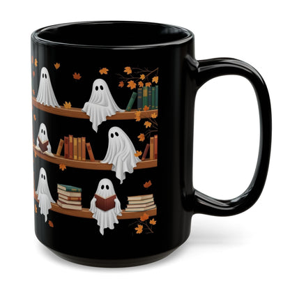 Cute Ghost Read Book Mug - Black Coffee Cup Ceramic Mug 15 Oz - Book Gifts For Women Lover - Inspirational Librarian Teacher Present For Halloween