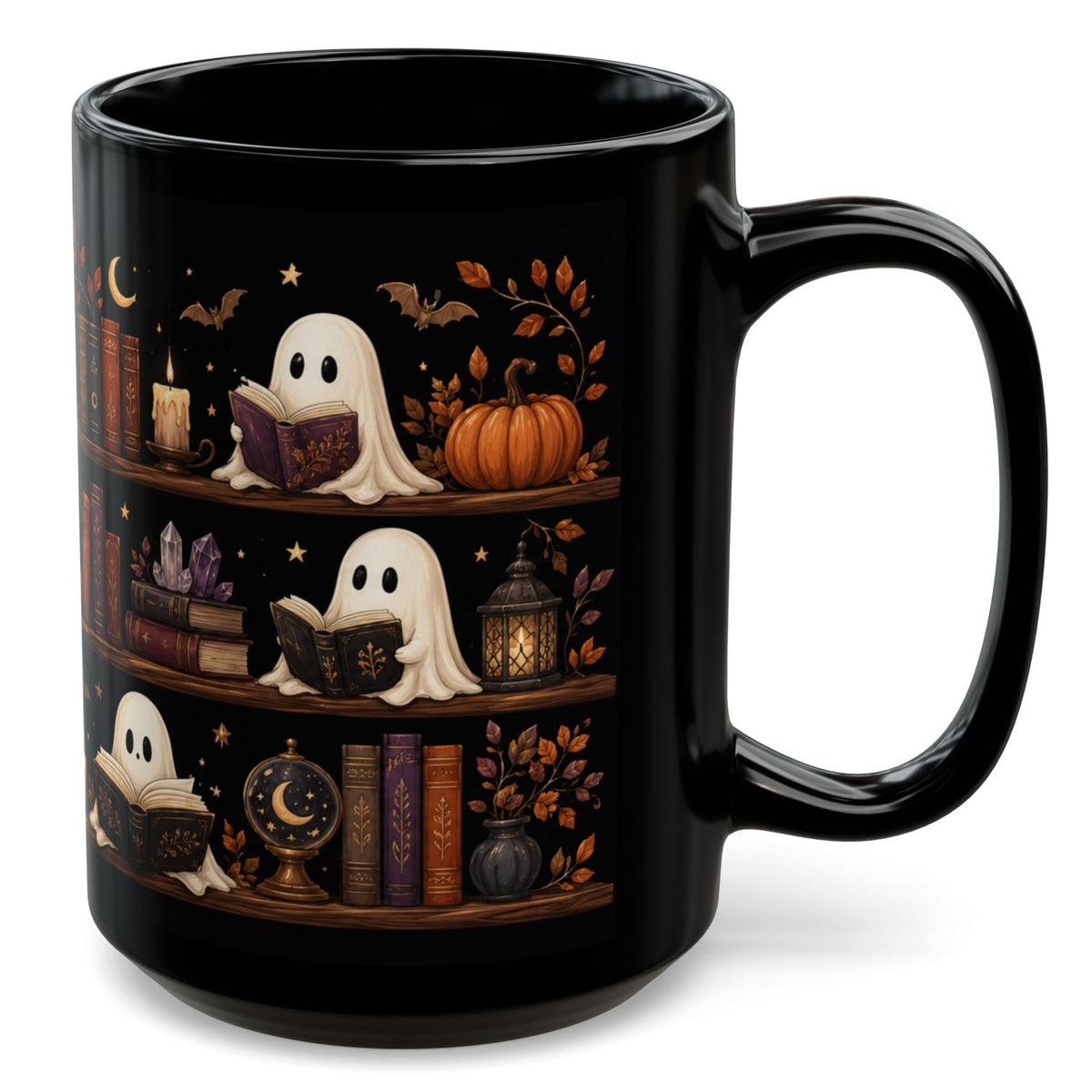 Funny Ghost Reading Books Halloween Mug 15oz - Spooky Bookshelf Coffee Cup