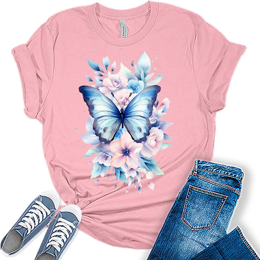 Womens Butterfly Summer Shirts for Teens Trendy Floral Vintage Short Sleeve Tops