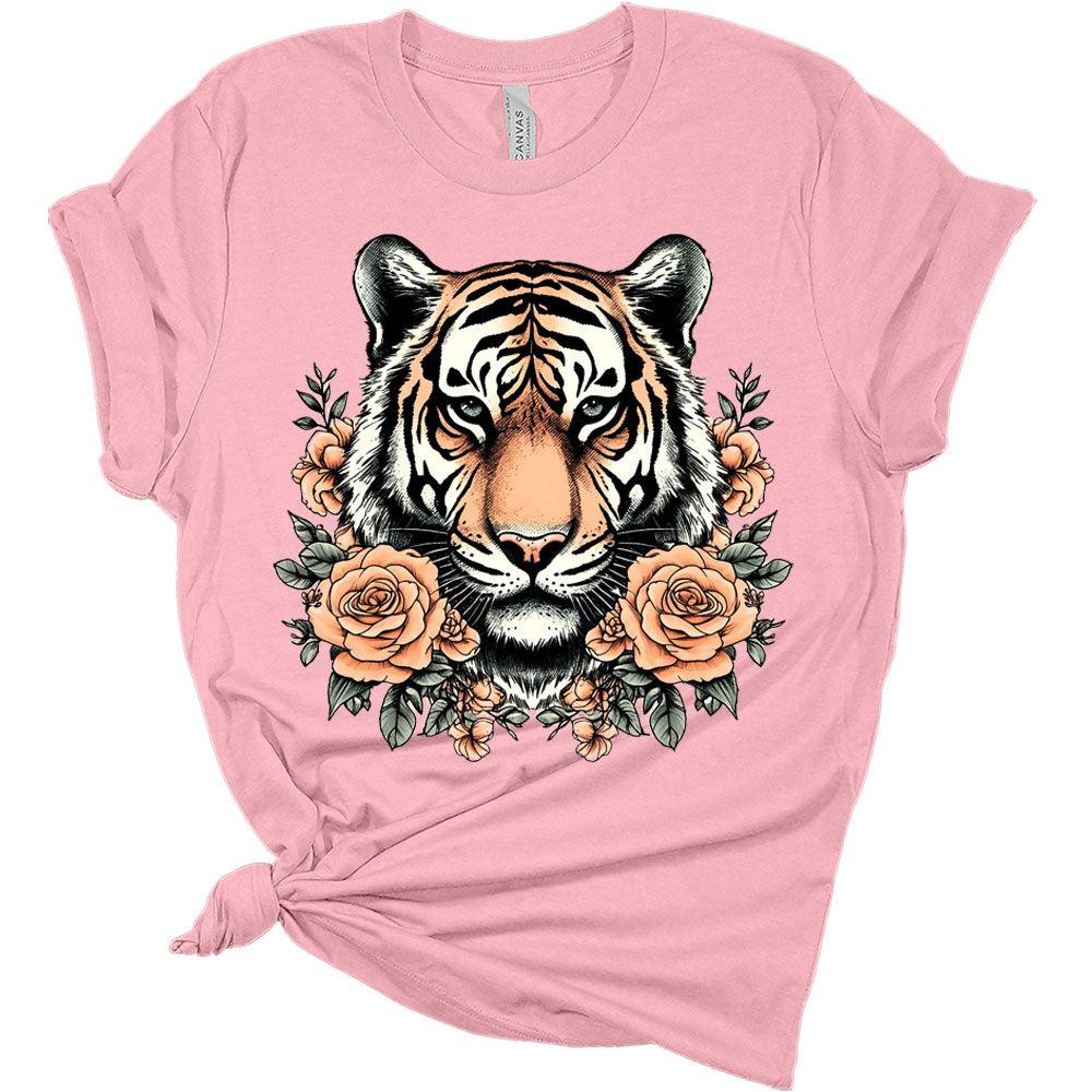 Womens Retro Tiger Shirts Cute Bella Graphic Tees Short Sleeve Floral Summer Tops Casual Crewneck Tshirts