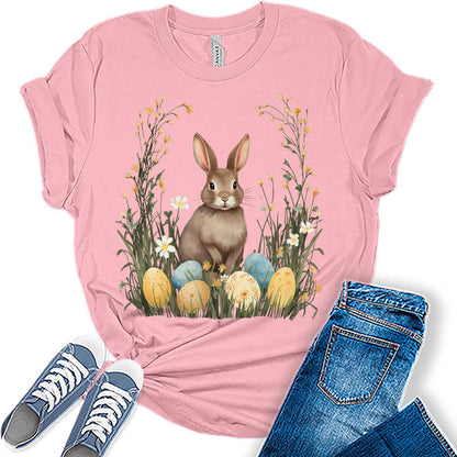 Easter Bunny Egg Shirts for Women Short Sleeve Plus Size Tops