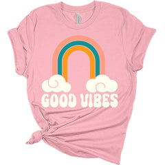Womens Good Vibes Shirt Casual Ladies Cute Rainbow Graphic Tees Spring Short Sleeve Tops For Women