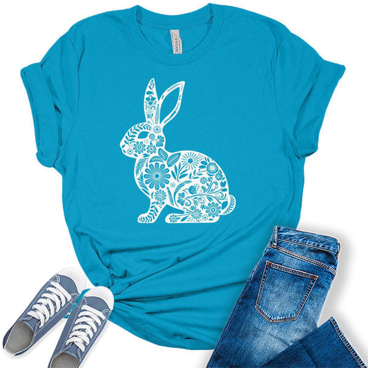 Easter Shirts for Women Cute Floral Bunny Casual Graphic Tees Bella Plus Sized Tops