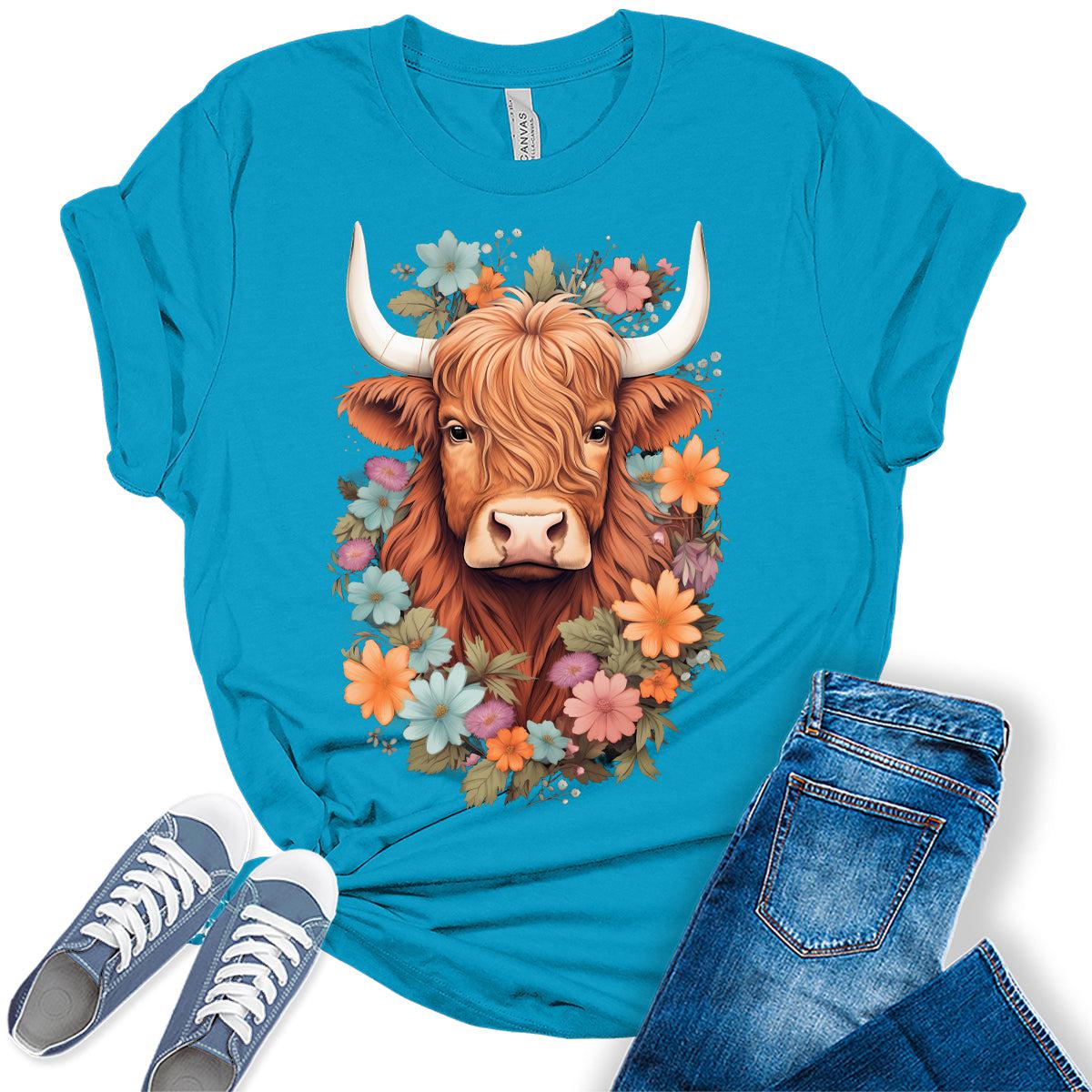 Womens Highland Cow Shirt Cute Western Country Tops Plus Size Summer Graphic Tees