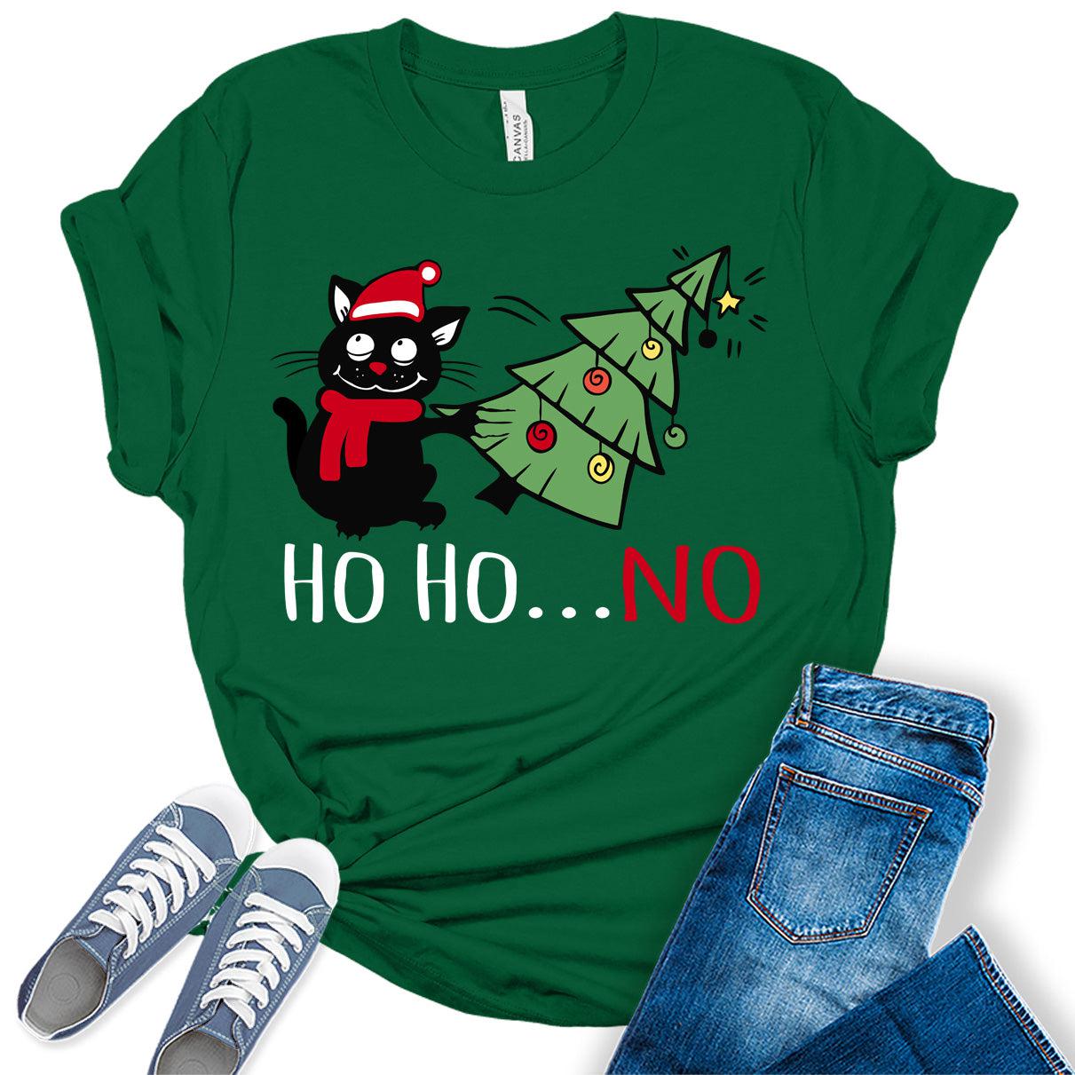 Funny Cat Tshirts Ho Ho No Christmas Shirts for Women Holiday Graphic Tees