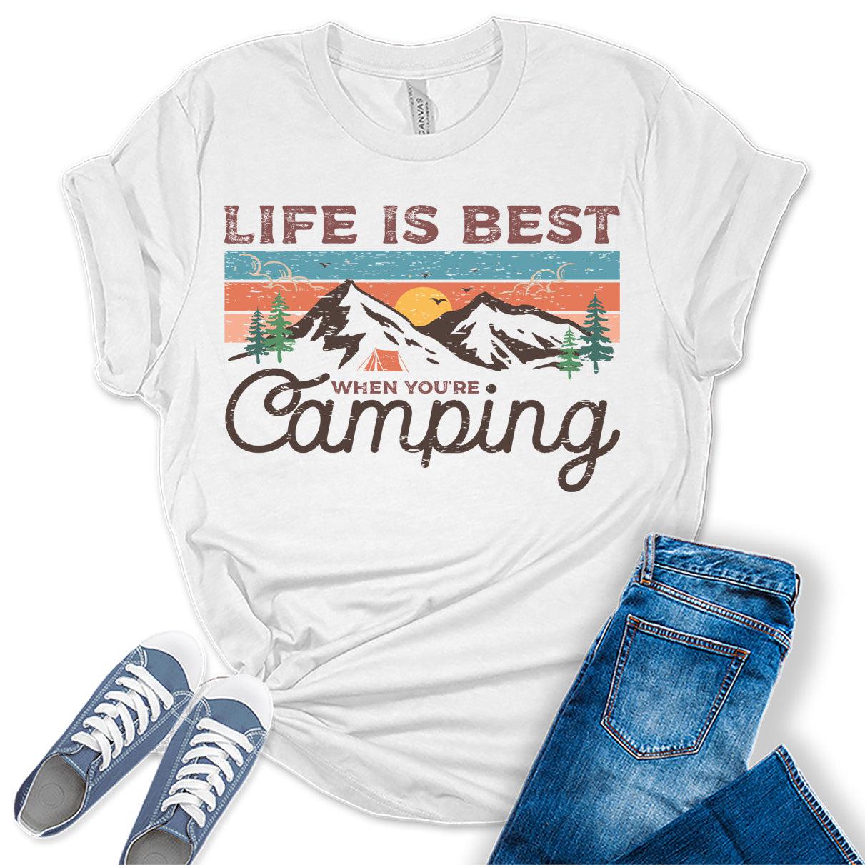 Womens Hiking Mountain Shirt Camping Nature Sunrise Pine Tree Tops Short Sleeve Regular Fit Graphic Tees