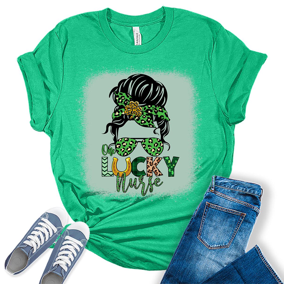 One Lucky Nurse T Shirt St Patricks Day Shirt Womens Messy Bun Graphic Tee