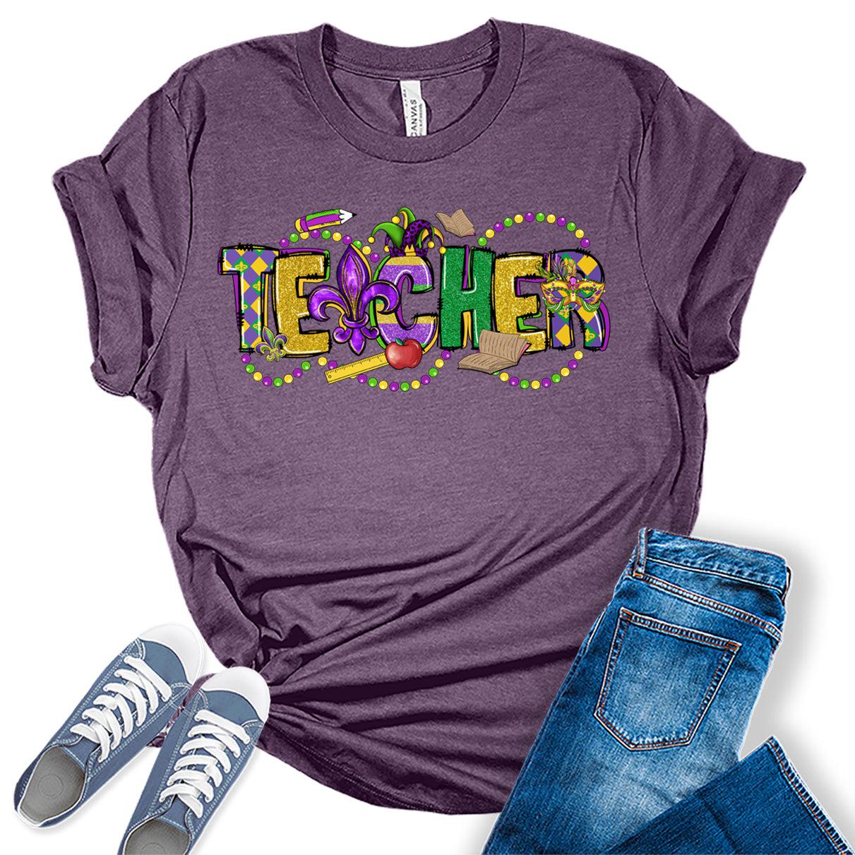 Mardi Gras Shirts for Women Cute Teacher Graphic Tees