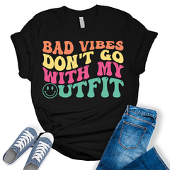 Bad Vibes Don t Go with My Outfit Shirt Letter Print Retro Graphic Tees for Women Trendy Tops