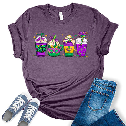 Mardi Gras Shirts for Women Coffee Tshirt Short Sleeve Graphic Tees