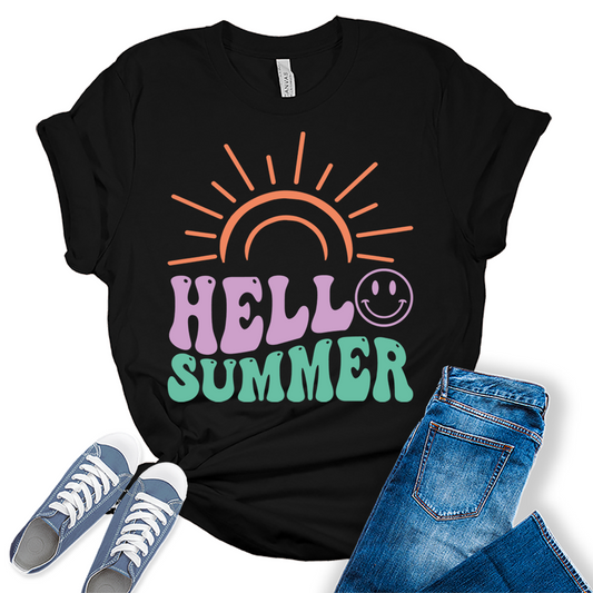 Beach Shirts for Women Hello Summer T Shirt Letter Print Graphic Tees for Women