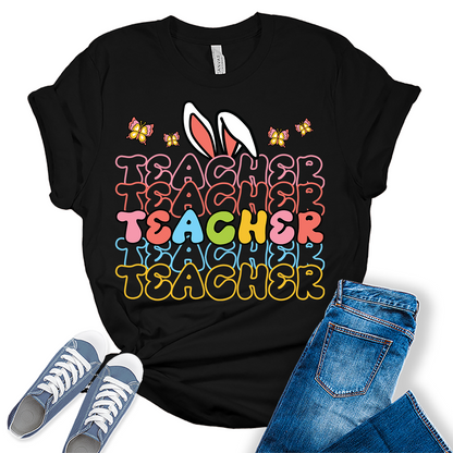 Easter Teacher Shirts for Women Letter Print Bunny T Shirt Plus Size Graphic Tees