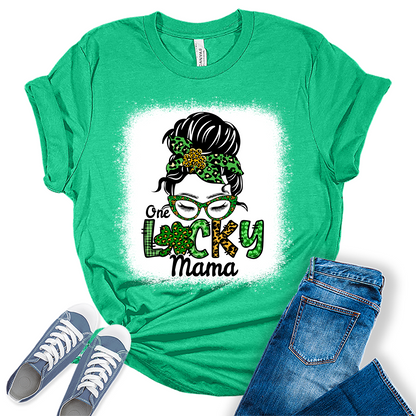 One Lucky Mama T Shirt St Patricks Day Shirt Womens Bleach Print Graphic Tees