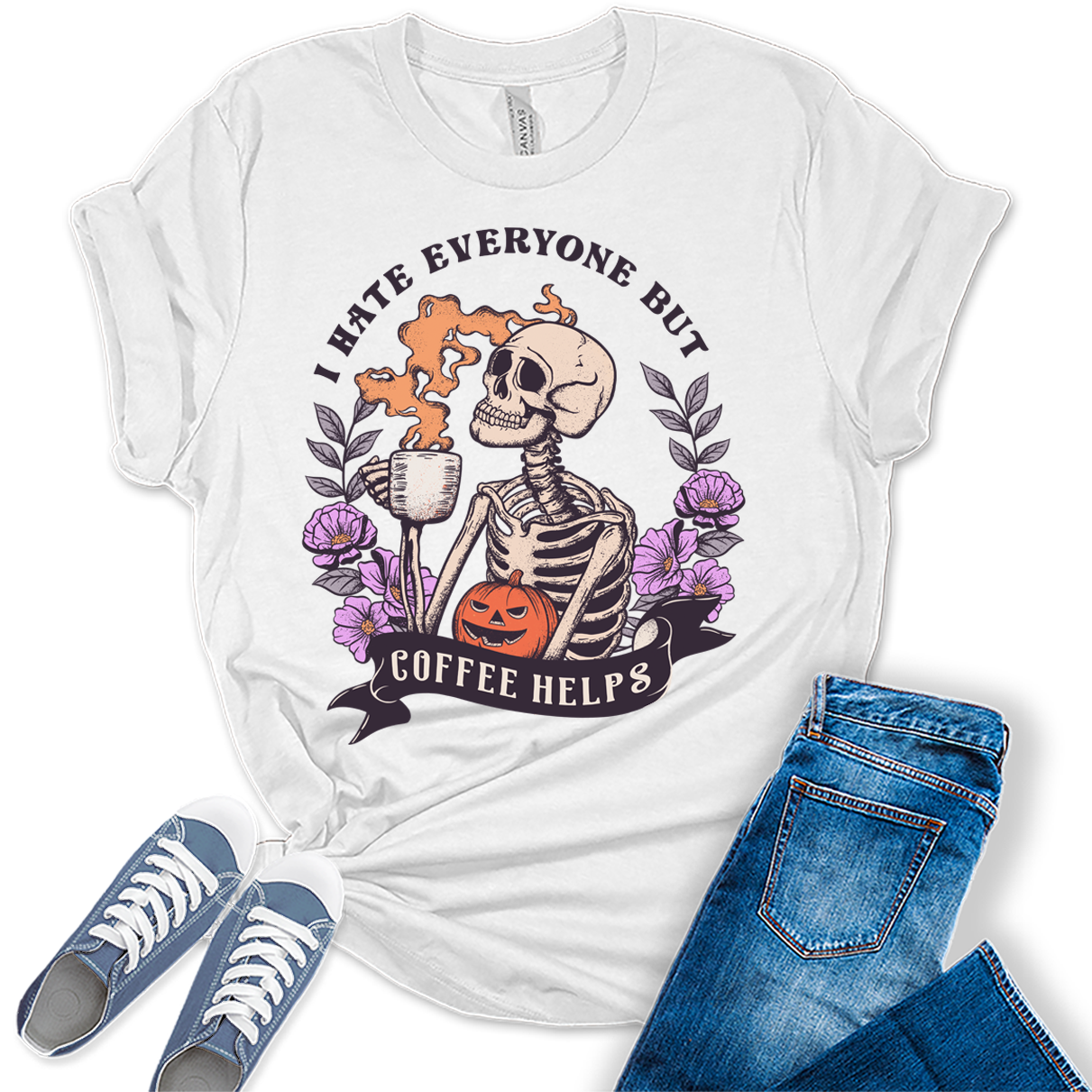 I Hate Everyone But Coffee Helps Halloween Graphic Tee for Women