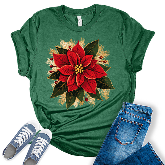 Christmas Shirts for Women Poinsettias Flower Graphic Tees Holiday Xmas Tshirts