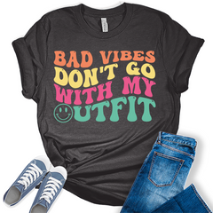 Bad Vibes Don t Go with My Outfit Shirt Letter Print Retro Graphic Tees for Women Trendy Tops
