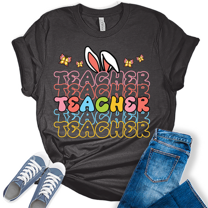 Easter Teacher Shirts for Women Letter Print Bunny T Shirt Plus Size Graphic Tees