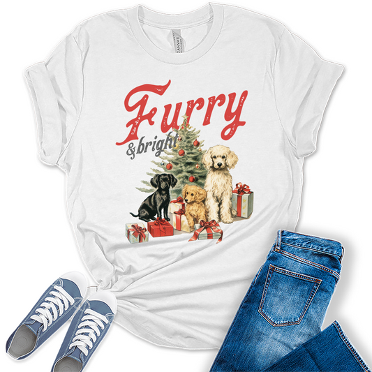 Dog Tshirt Furry & Bright Christmas Shirts for Women Holiday Retro Graphic Tees