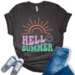 Beach Shirts for Women Hello Summer T Shirt Letter Print Graphic Tees for Women