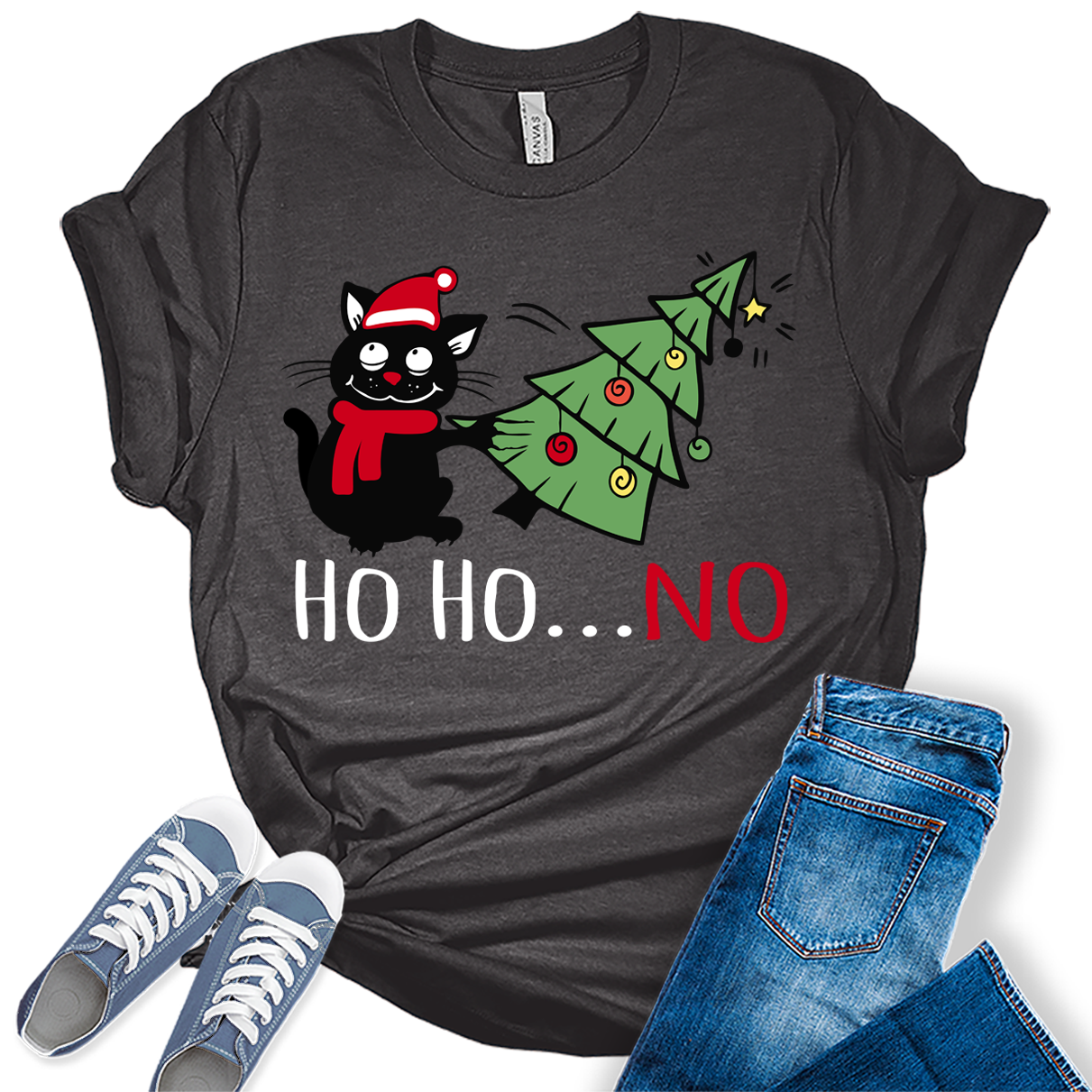 Funny Cat Tshirts Ho Ho No Christmas Shirts for Women Holiday Graphic Tees