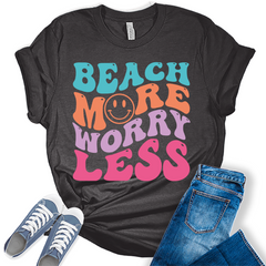 Beach Shirts for Women Beach More Worry Less T Shirt Retro Letter Print Summer Tops