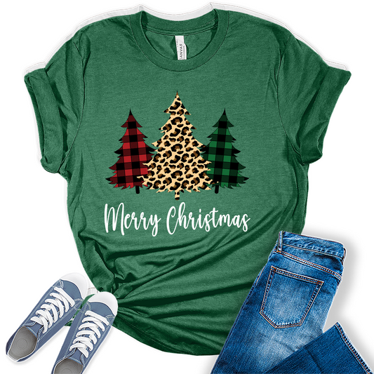 Christmas Shirts for Women Cute Christmas Tree Graphic Tees Buffalo Plaid Leopard Print Tshirts