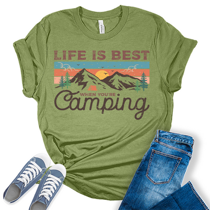Womens Hiking Mountain Shirt Camping Nature Sunrise Pine Tree Tops Short Sleeve Regular Fit Graphic Tees