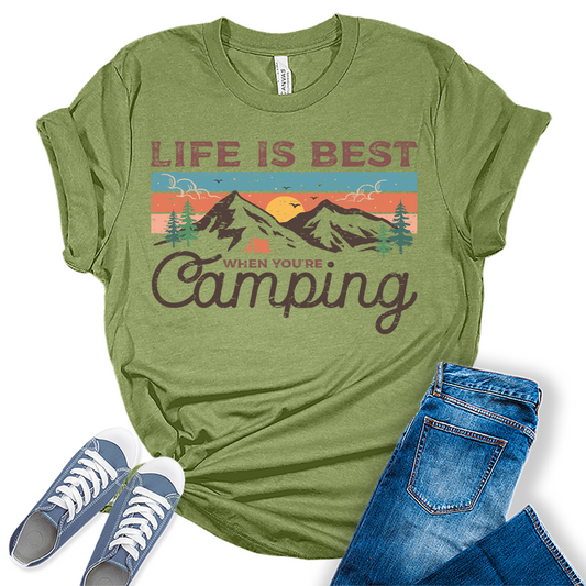 Womens Hiking Mountain Shirt Camping Nature Sunrise Pine Tree Tops Short Sleeve Regular Fit Graphic Tees