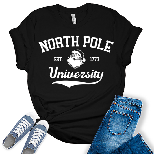 North Pole University Shirt Cute Plus Size Christmas Graphic Tees for Women