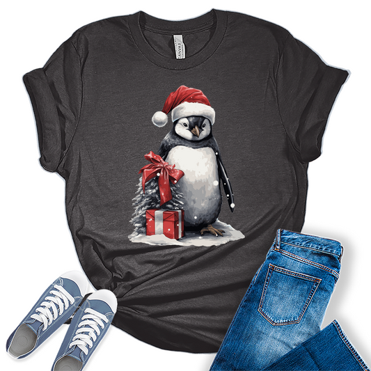 Christmas Penguin Santa Hat Shirts For Women's Graphic Tee