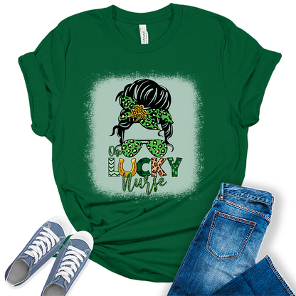 One Lucky Nurse T Shirt St Patricks Day Shirt Womens Messy Bun Graphic Tee