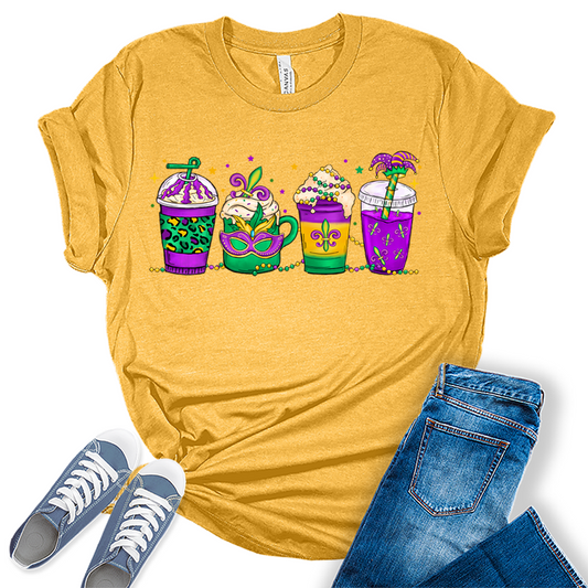 Mardi Gras Shirts for Women Coffee Tshirt Short Sleeve Graphic Tees