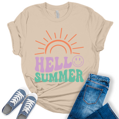 Beach Shirts for Women Hello Summer T Shirt Letter Print Graphic Tees for Women