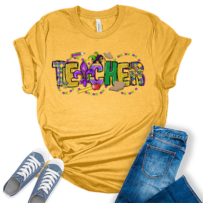 Mardi Gras Shirts for Women Cute Teacher Graphic Tees