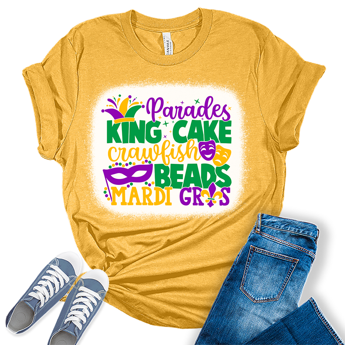 King Cake T Shirt Mardi Gras Shirts for Women Bleach Print Graphic Tees