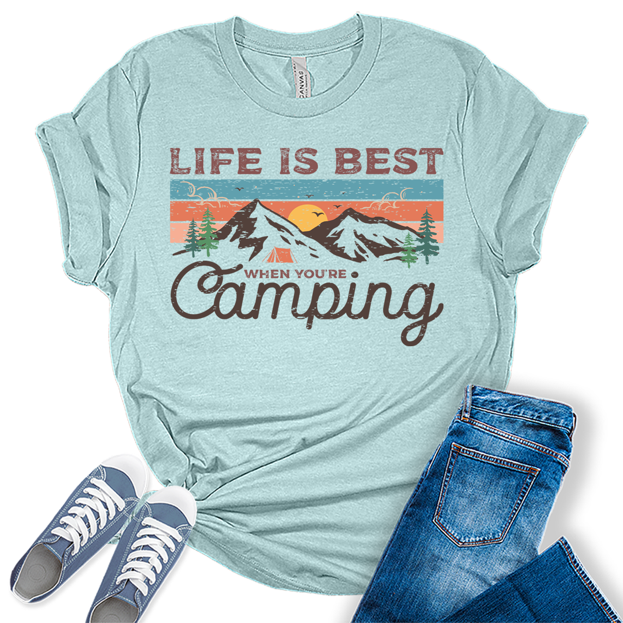 Womens Hiking Mountain Shirt Camping Nature Sunrise Pine Tree Tops Short Sleeve Regular Fit Graphic Tees