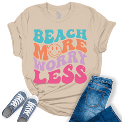 Beach Shirts for Women Beach More Worry Less T Shirt Retro Letter Print Summer Tops