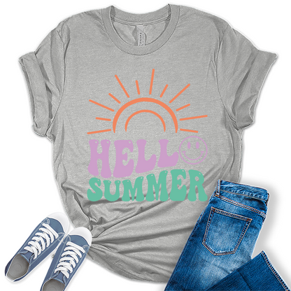 Beach Shirts for Women Hello Summer T Shirt Letter Print Graphic Tees for Women