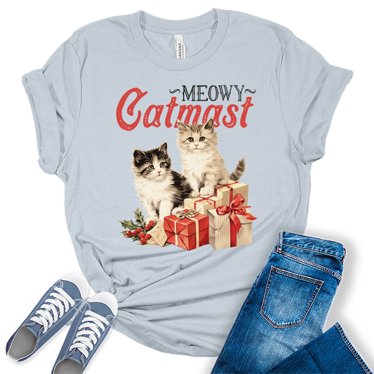 Cat Shirt Meowy Catmast Christmas Shirts for Women Holiday Vintage Graphic Tees