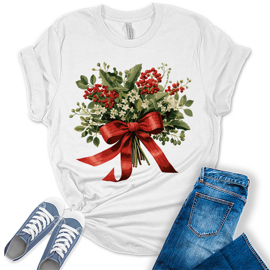 Christmas Shirt for Women Holly Graphic Tees Cute Floral Tops