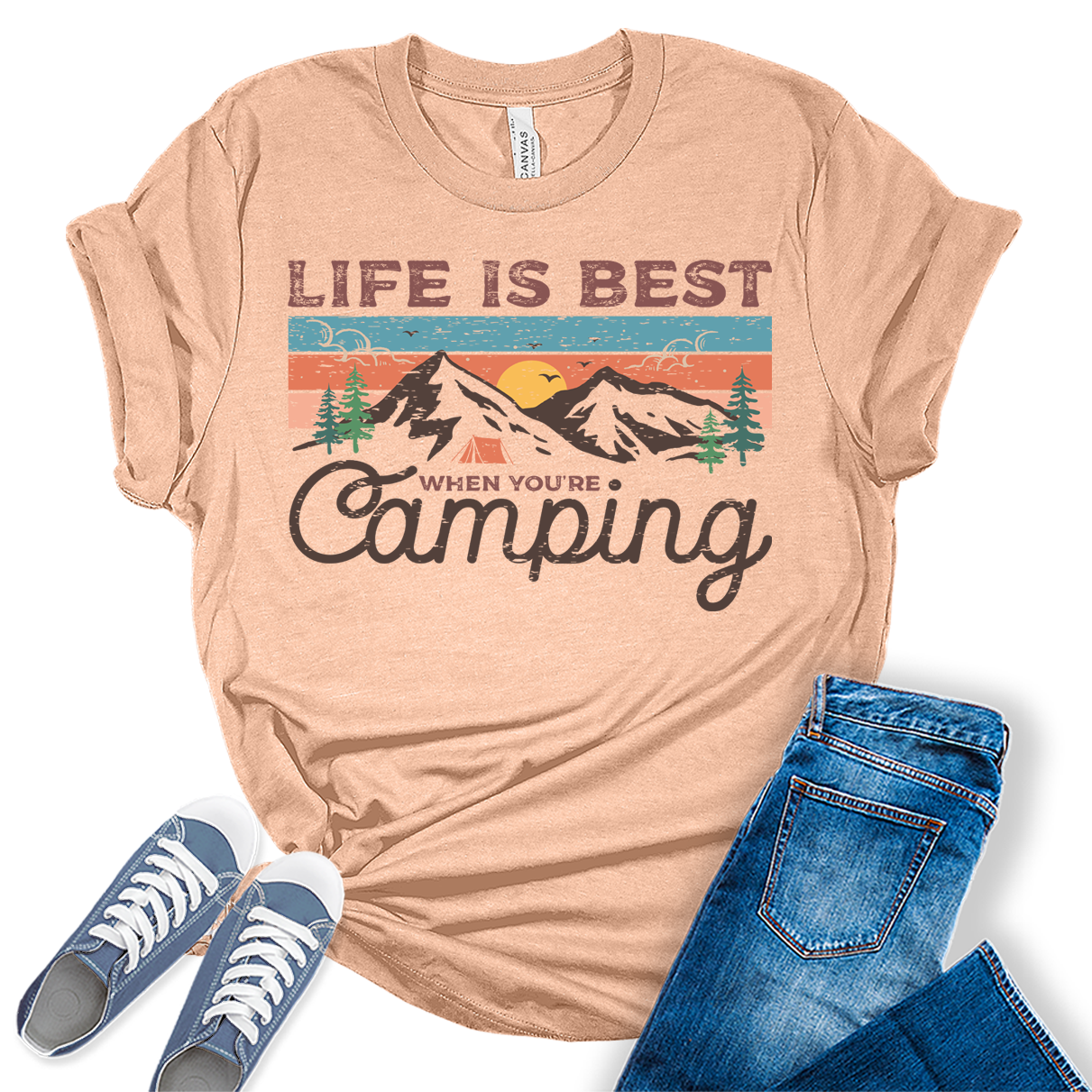 Womens Hiking Mountain Shirt Camping Nature Sunrise Pine Tree Tops Short Sleeve Regular Fit Graphic Tees