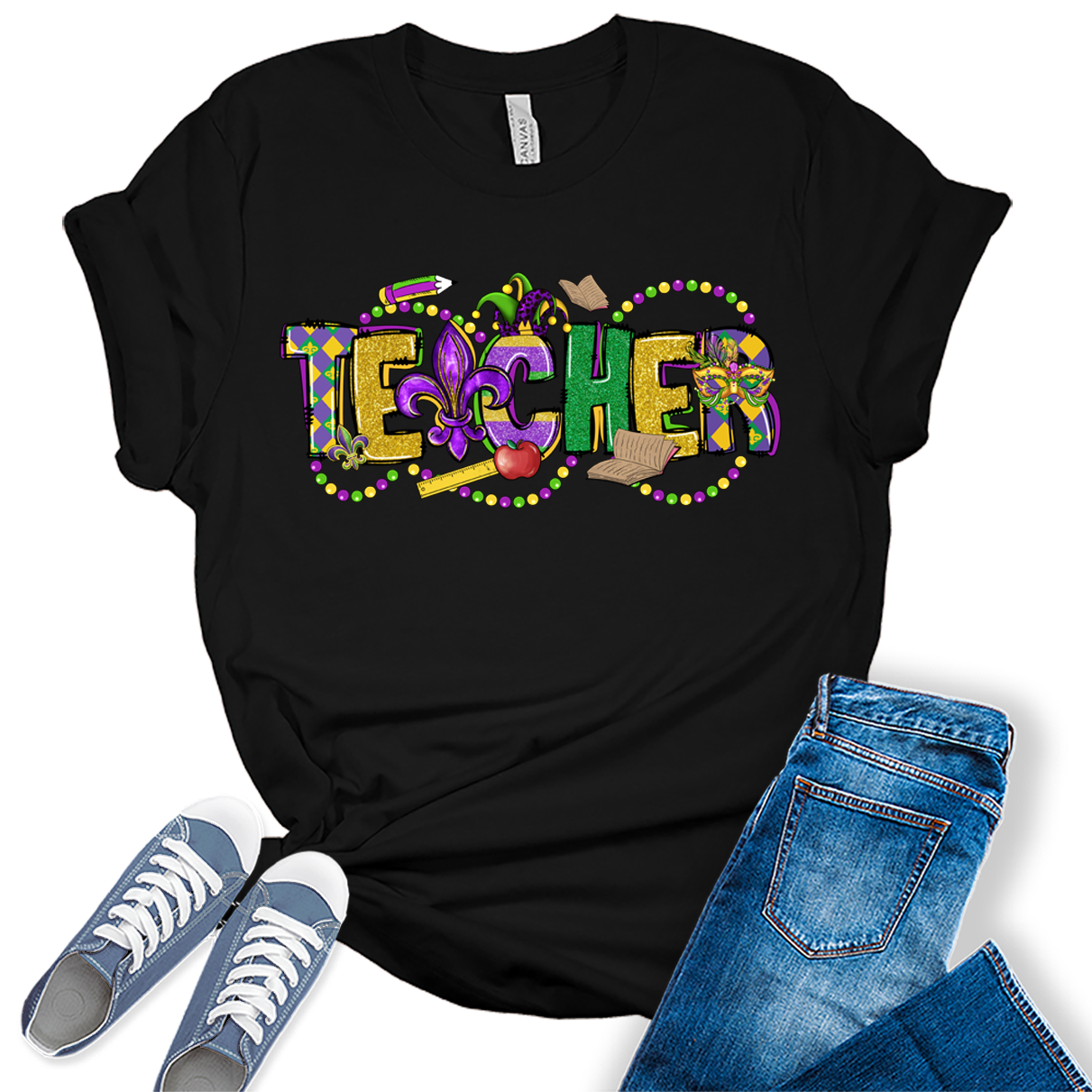 Mardi Gras Shirts for Women Cute Teacher Graphic Tees