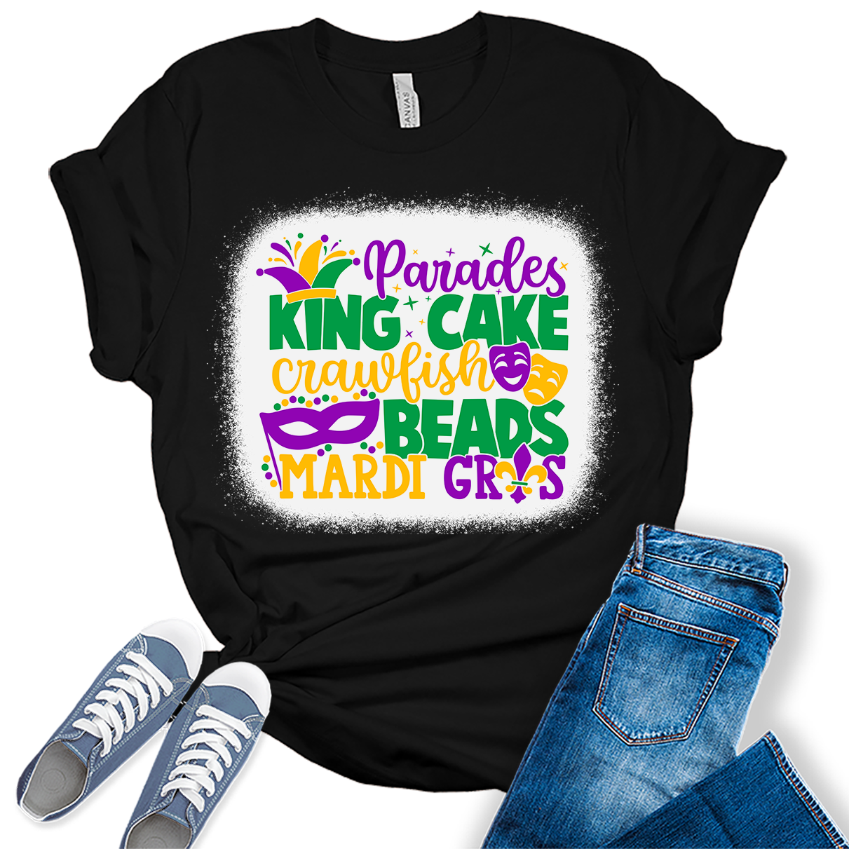 King Cake T Shirt Mardi Gras Shirts for Women Bleach Print Graphic Tees